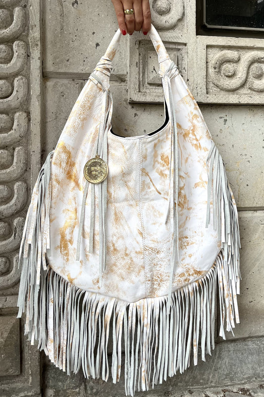 Hobo Bag Pintada - Blanco Con Oro Barbas